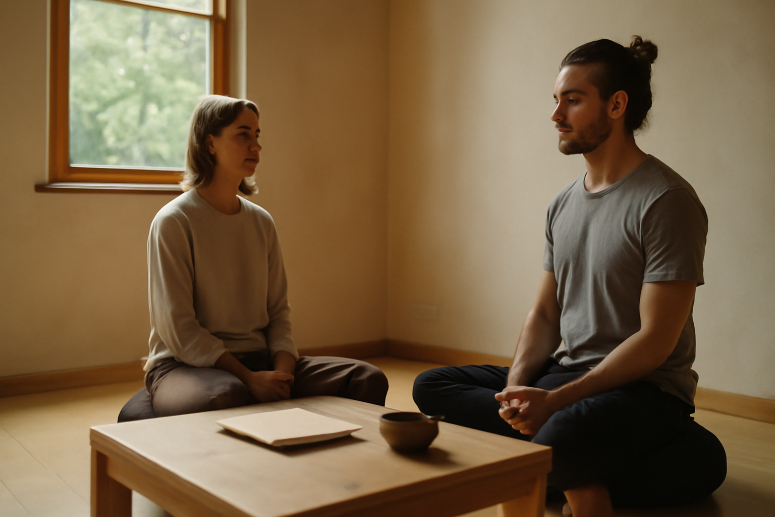 Photo réaliste d’une personne en consultation avec un maître spirituel dans un lieu calme, lumière naturelle