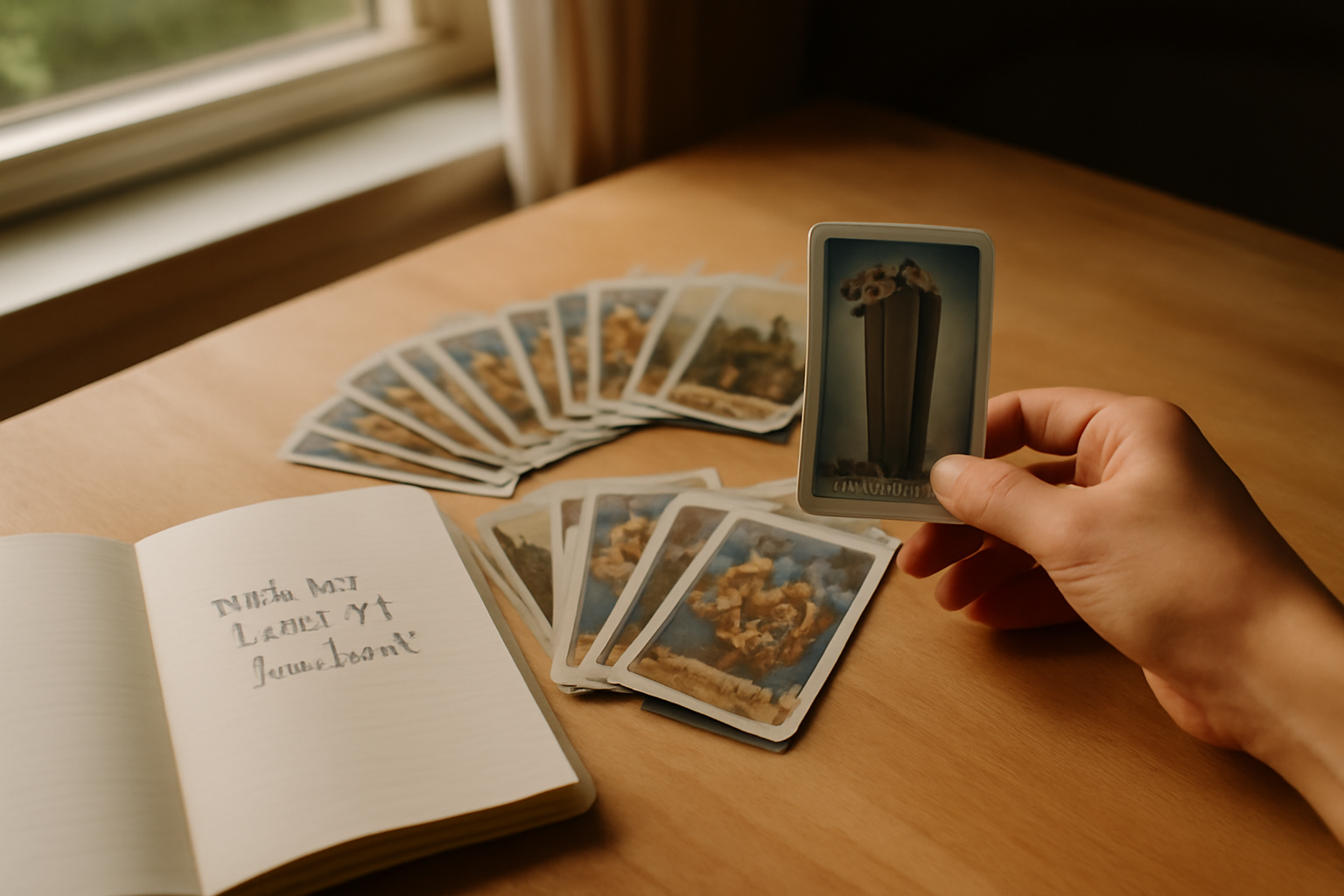 oracle belline : tirage des 53 cartes sur une table en bois, lumière naturelle, carnet et stylo