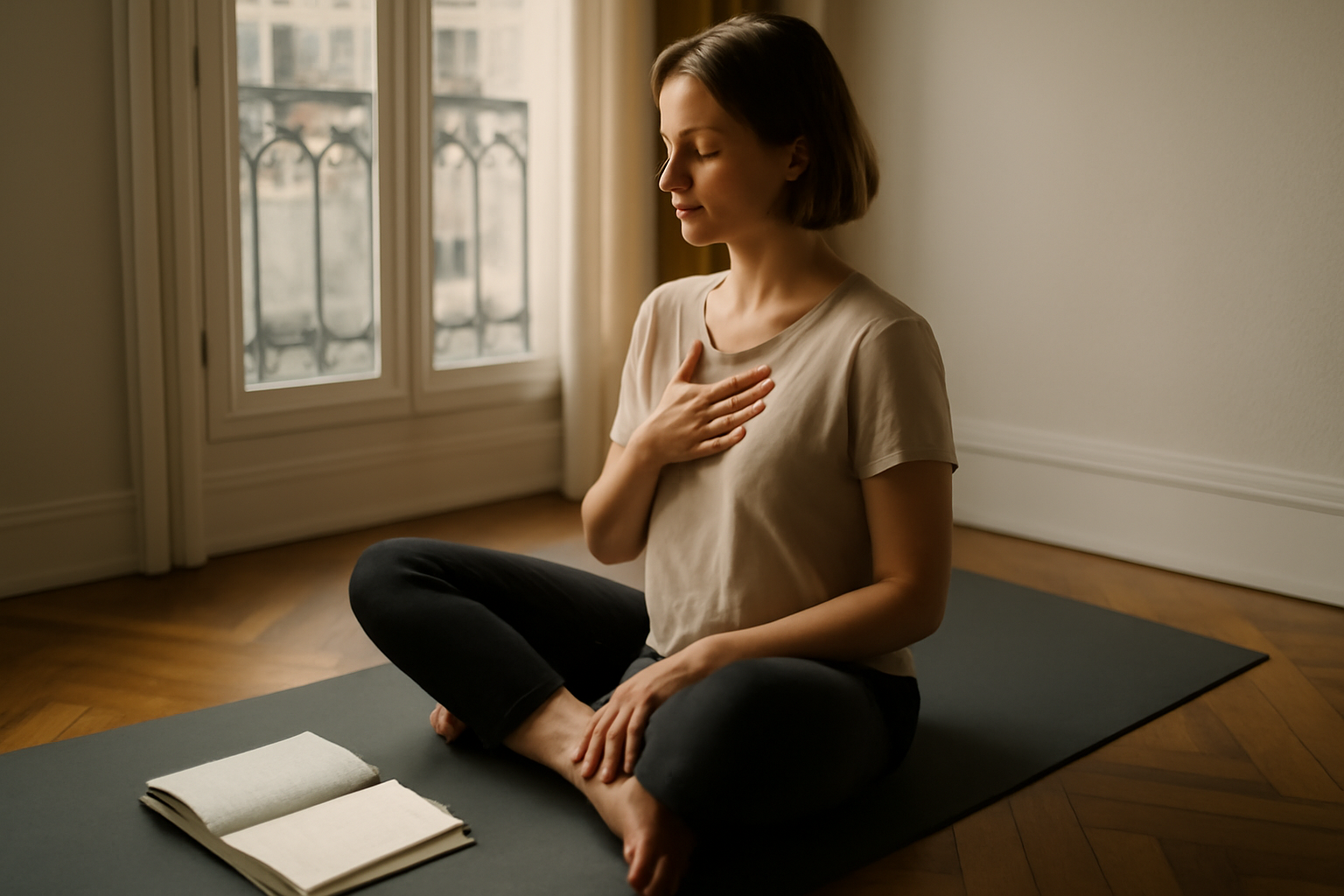 réalignement énergétique : respiration lente et ancrage au sol, main sur le thorax