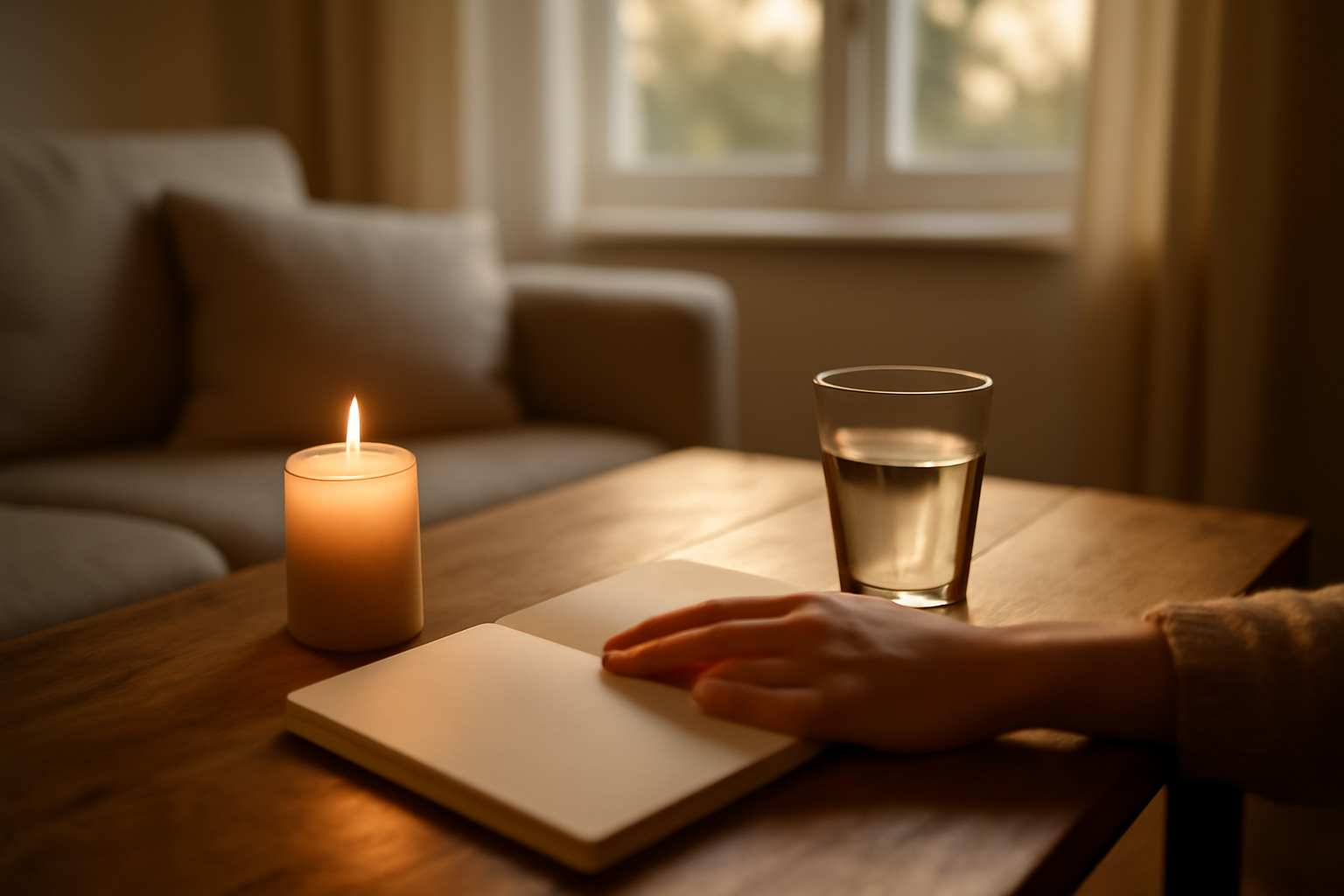 rituel spirituel au salon : bougie, carnet d’intention et verre d’eau posés sur une table