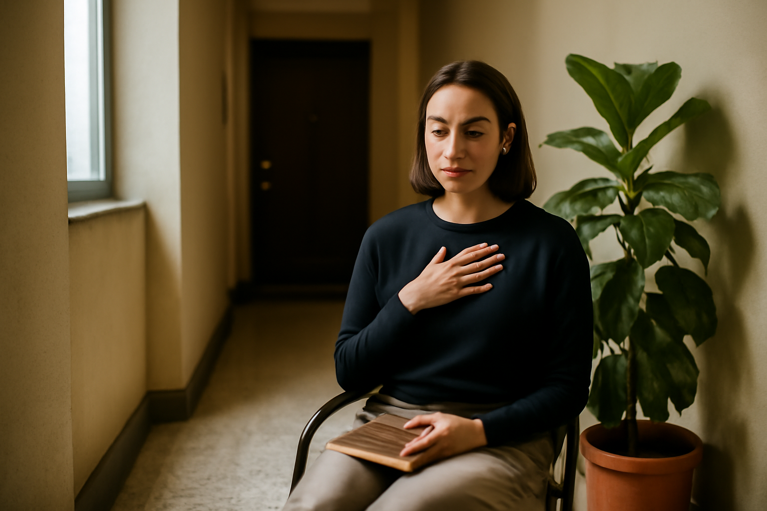 rituel spirituel de transition : personne assise avant un rendez-vous, carnet fermé et main posée sur le cœur