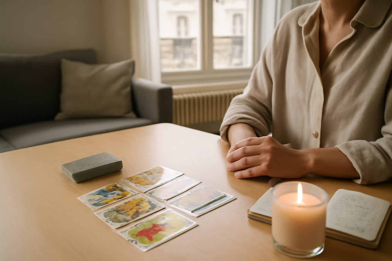 Tarot évolutif : tirage de cartes sur une table avec carnet et bougie