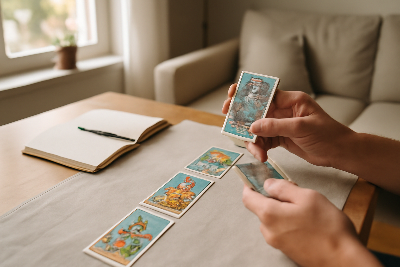 Tarot oui non rapide sur une table, cartes disposées en trois colonnes