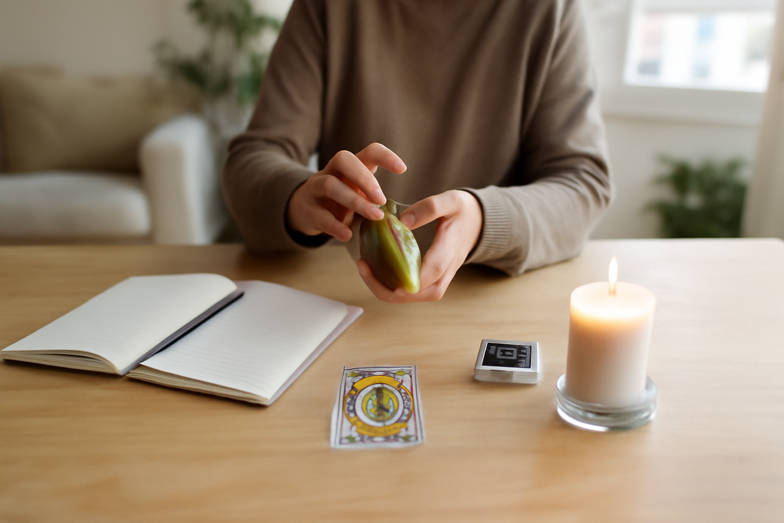 tarot oui non simple : tirage de cartes sur table avec carnet et minuteur