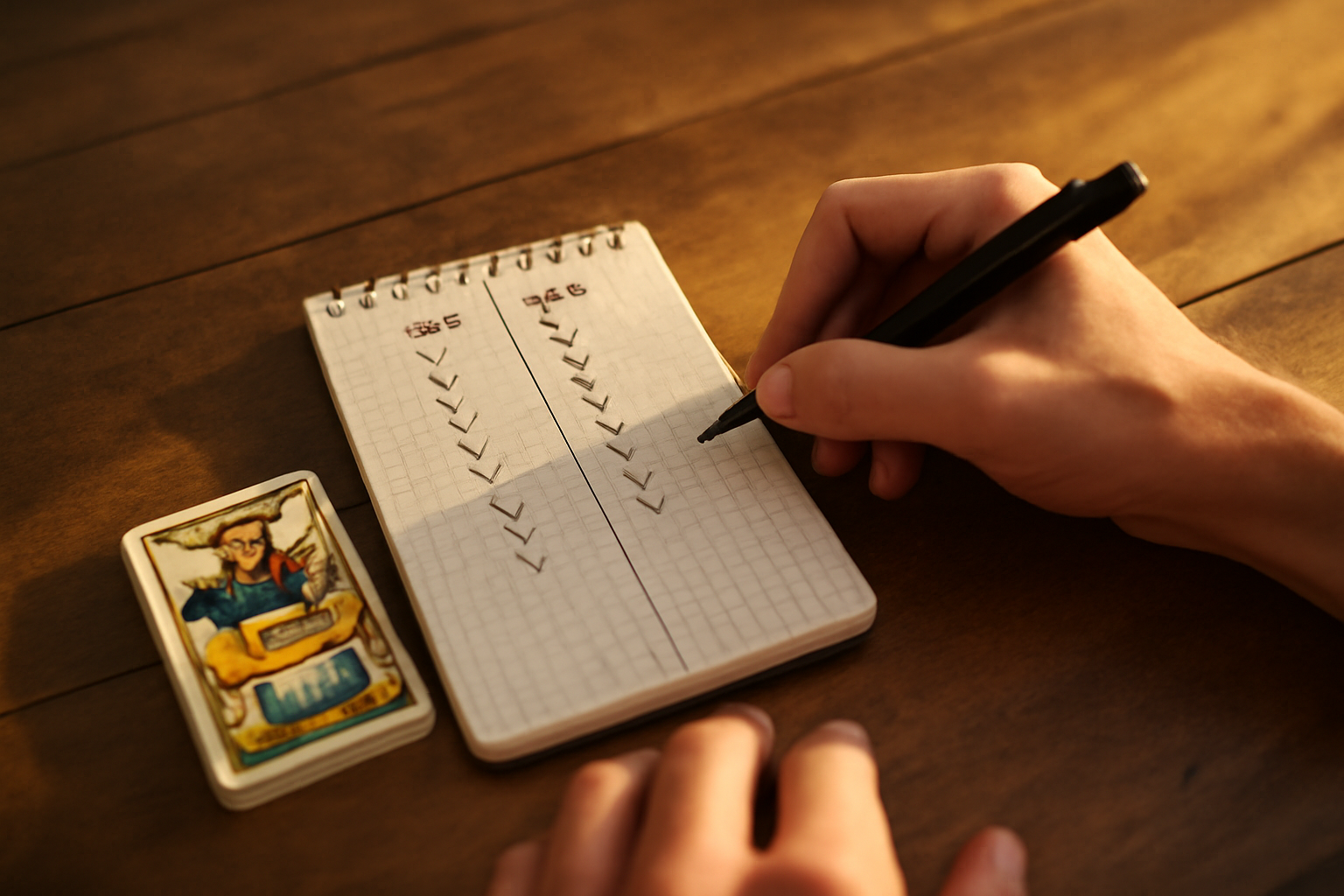 grille oui non stable notée sur un carnet après un tirage tarot