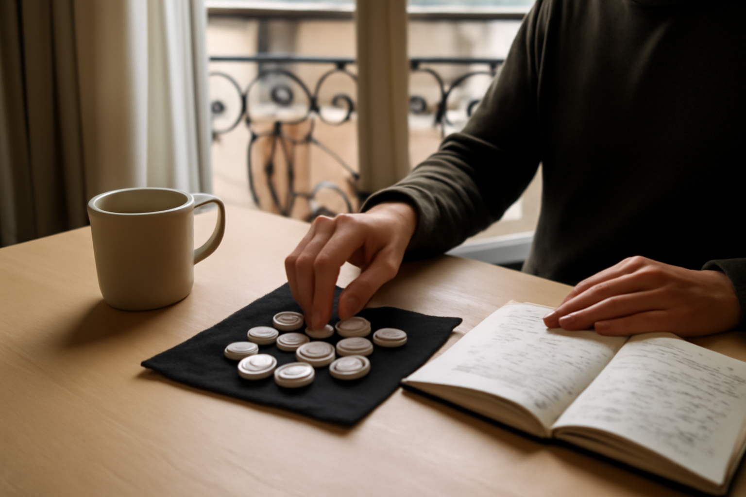 Tirage runes travail : pierres runiques sur une table avec carnet de notes, lumière naturelle