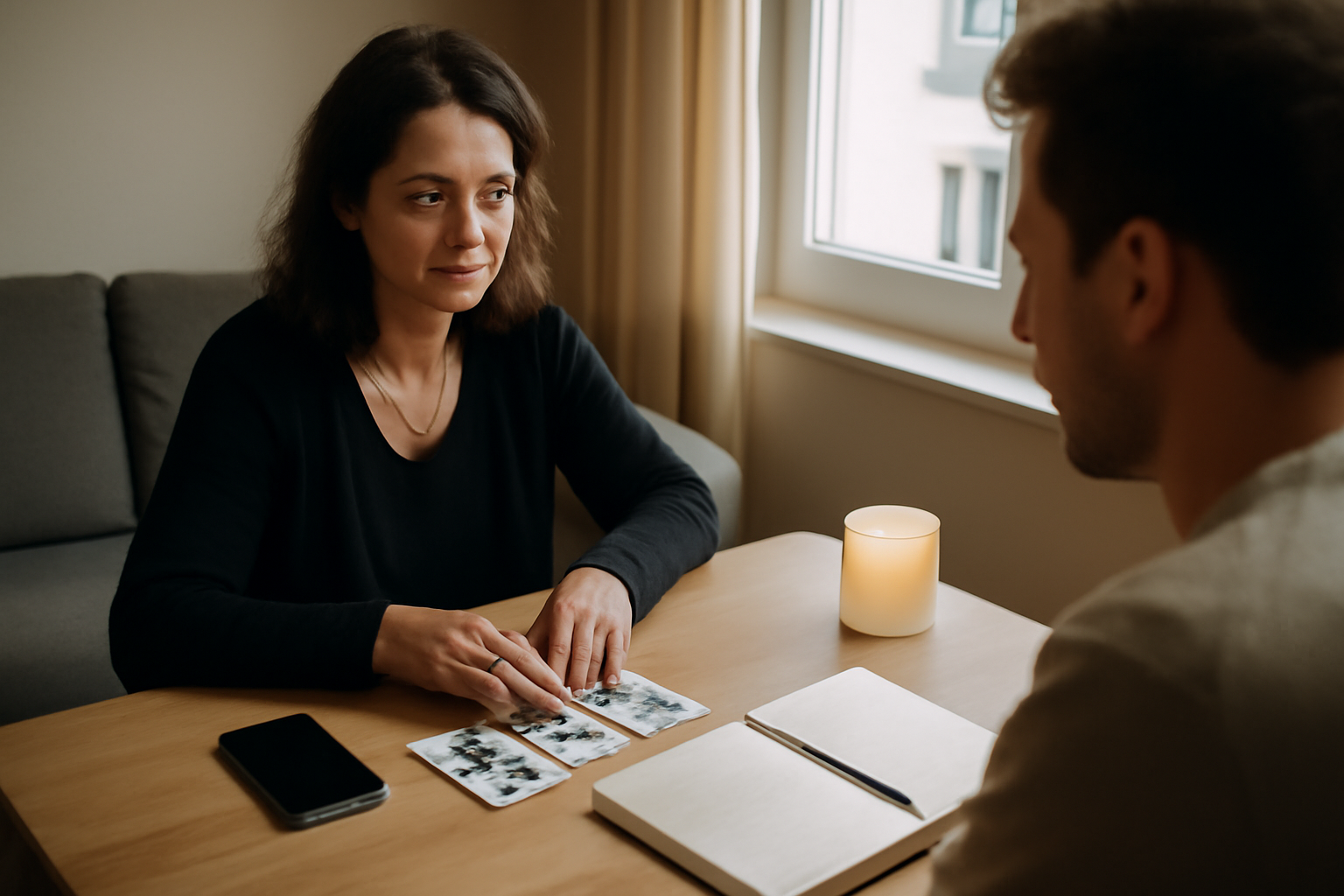 voyance intuitive en consultation professionnelle, téléphone et tarot sur table, lumière naturelle
