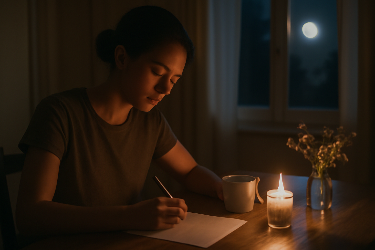 cérémonie lunaire en pleine lune : espace calme, bougie et papier avec intention