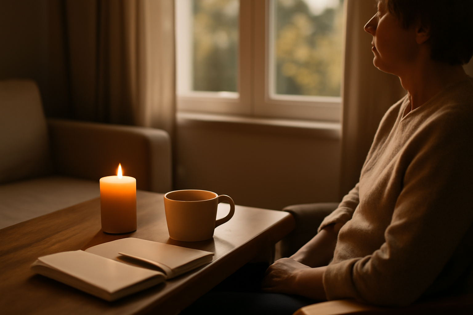 communication spirituelle : séance calme avec carnet et bougie sur table en bois, lumière douce