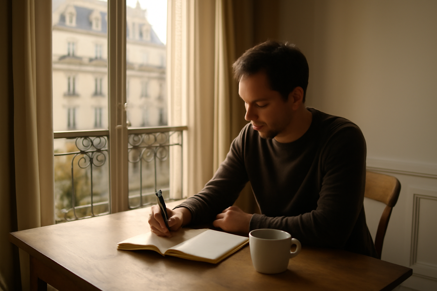 conscience spirituelle : personne assise près d’une fenêtre avec carnet et lumière du matin