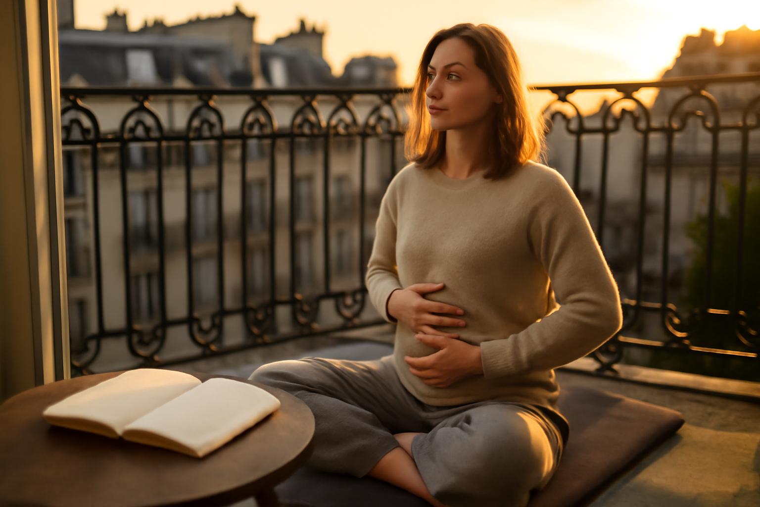 Personne en respiration guidée, observant des signes d’élévation vibratoire avec calme, lumière naturelle sur un balcon