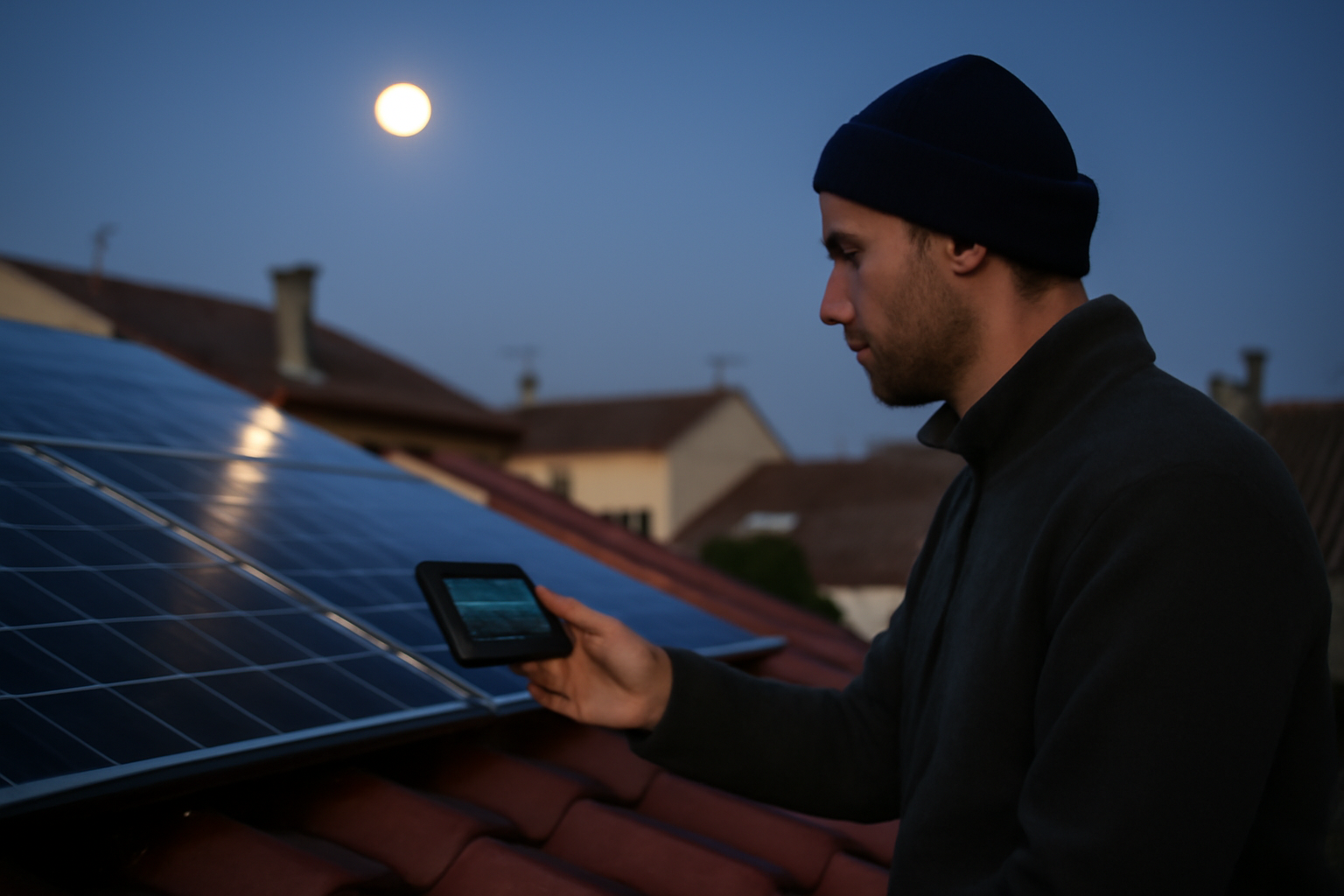 panneaux photovoltaïques orientés vers la Lune, nuit dégagée, énergie lunaire