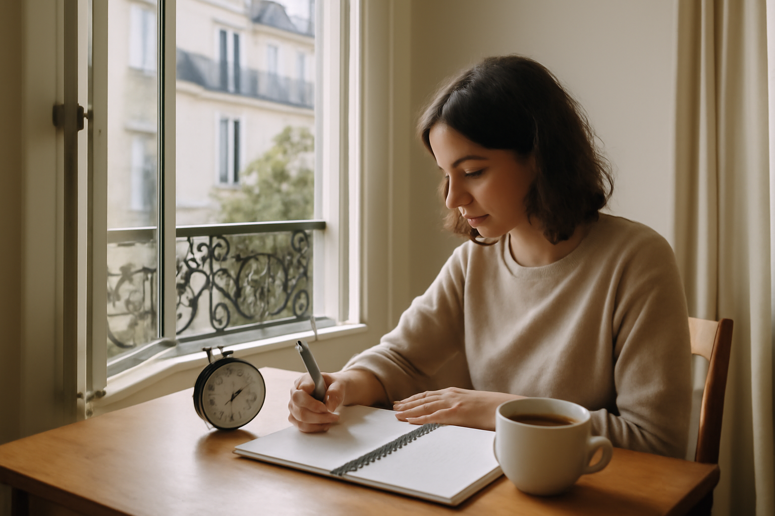 équilibre énergétique : lumière du matin sur une table avec carnet et boisson chaude