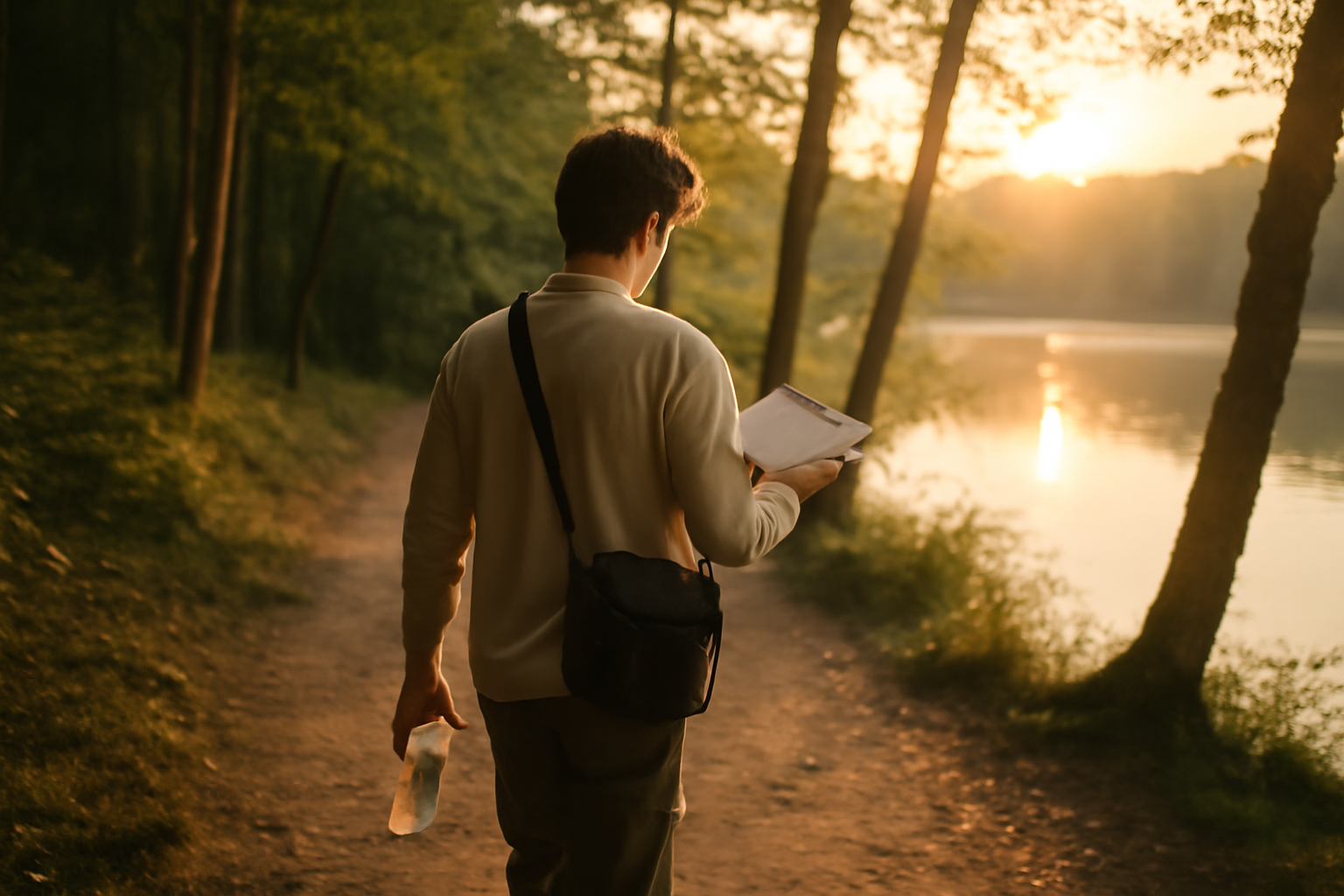 Éveil spirituel : une personne en marche au bord d’un lac au lever du soleil, carnet ouvert et tenue quotidienne, lumière douce