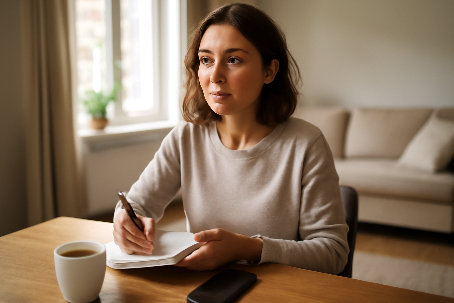 flash intuitif : personne prenant des notes sur un carnet, lumière naturelle, ambiance calme