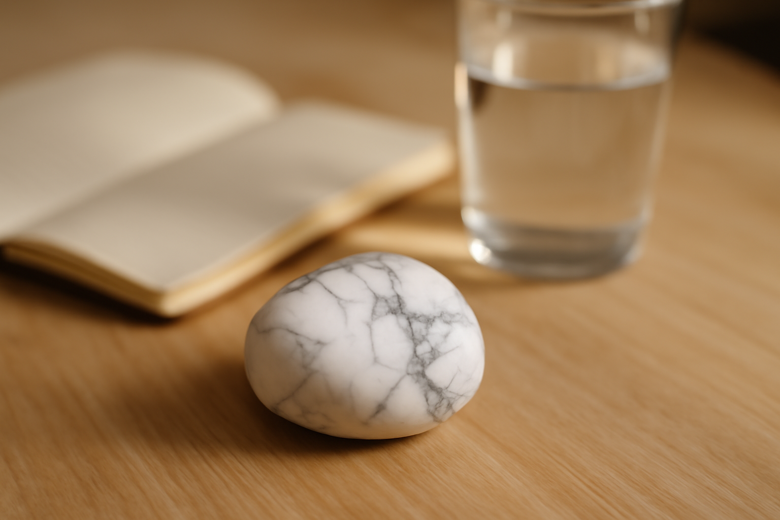Howlite vertus : pierre de howlite blanche aux veinures posée sur une table près d’une bougie, lumière douce