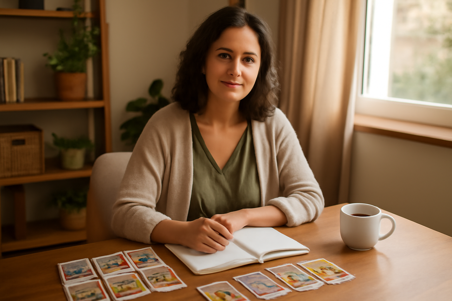 lecture d’âme : praticienne en cabinet, cartes et carnet, lumière douce