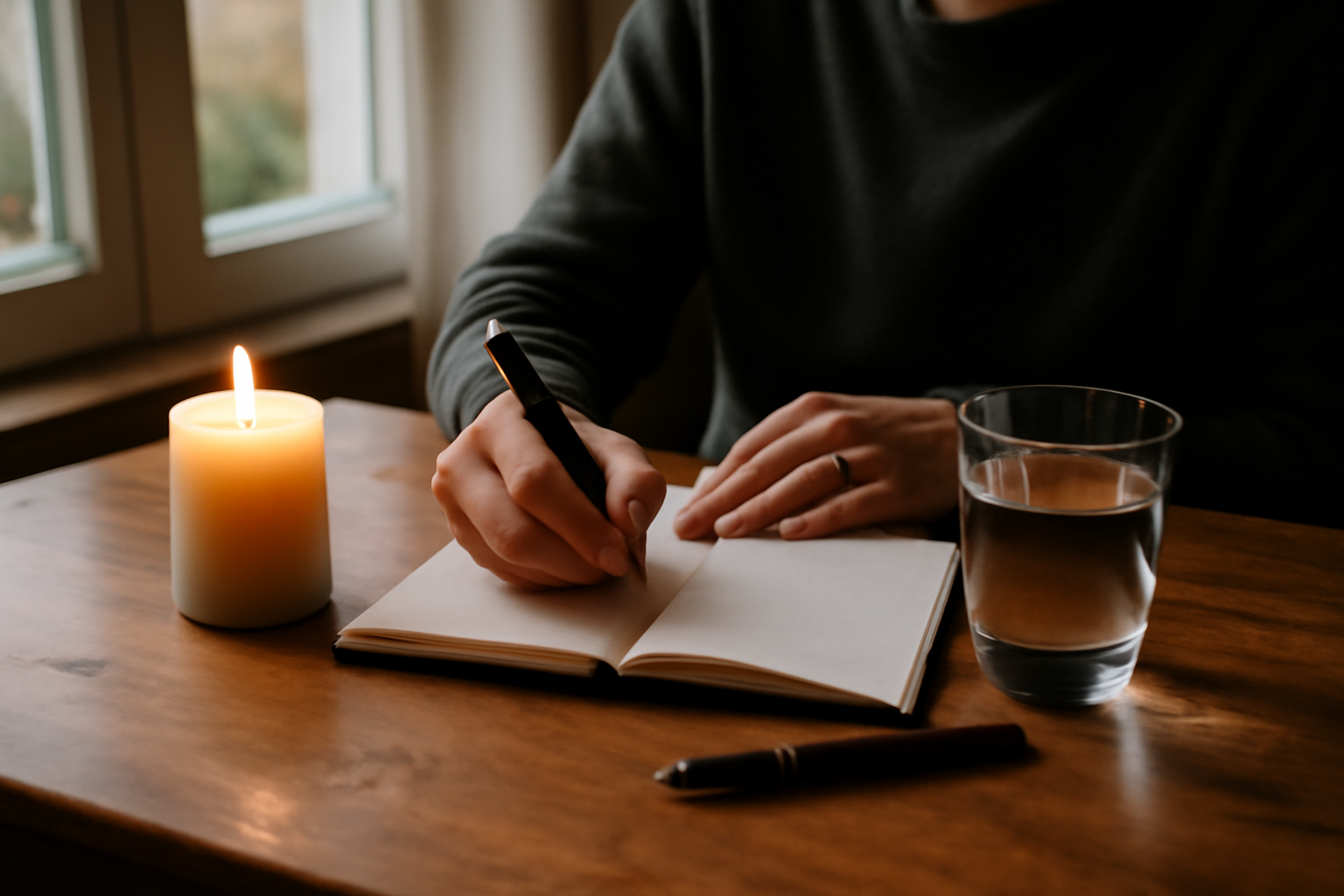 Médiumnité : carnet de notes et bougie sur une table, ambiance calme, lumière naturelle