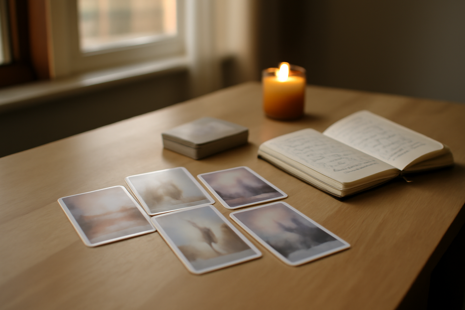 Oracle de guidance sur une table avec cartes et carnet, lumière naturelle