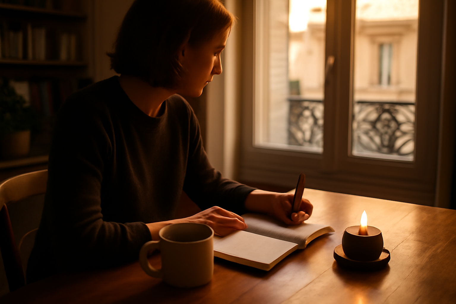 présence angélique : lumière douce et carnet de notes près d’une fenêtre