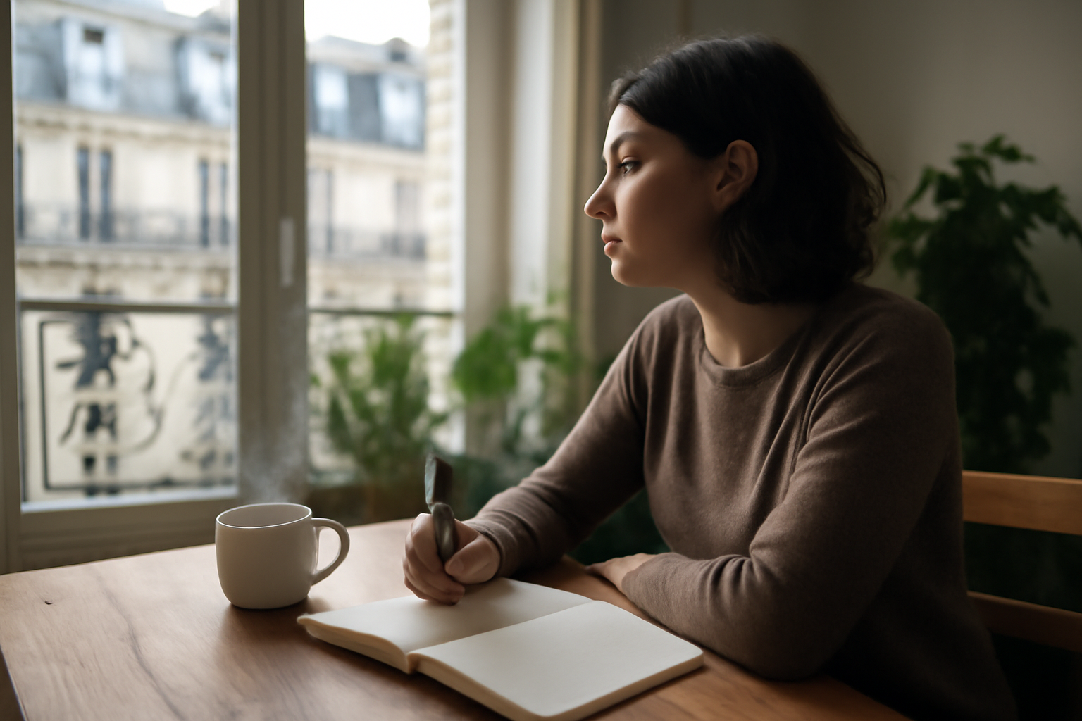 quête spirituelle : une personne assise près d’une fenêtre, carnet de journaling ouvert, lumière du matin, ambiance calme