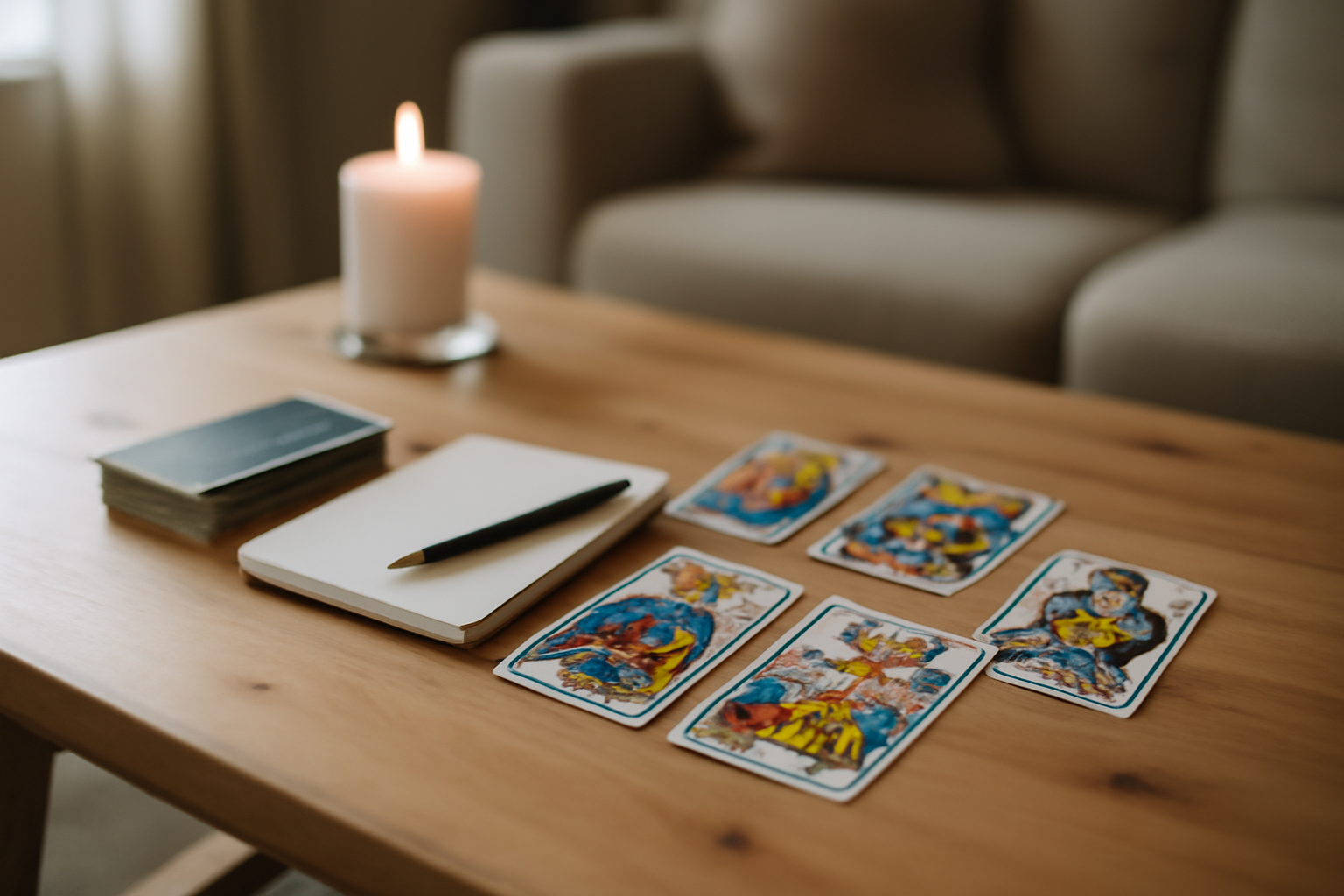 tarot de marseille : jeu de cartes sur une table en bois, lumière douce, carnet et bougie