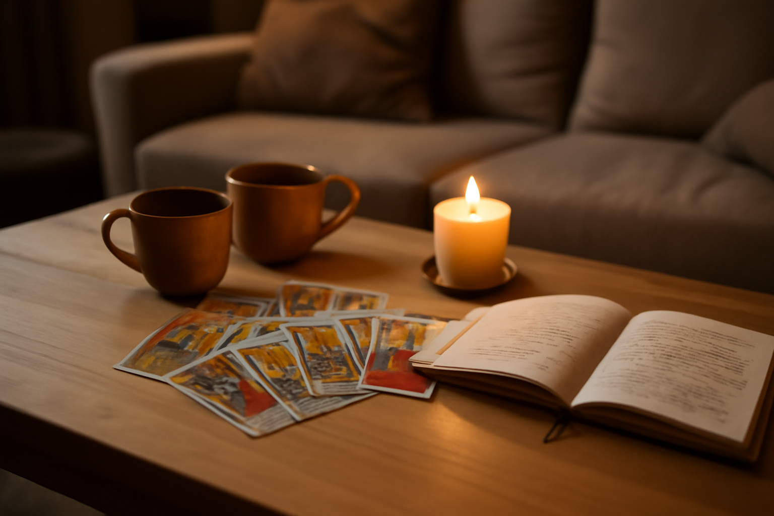 Tirage amoureux : cartes de tarot sur table avec bougie et carnet de notes, ambiance lumière chaude