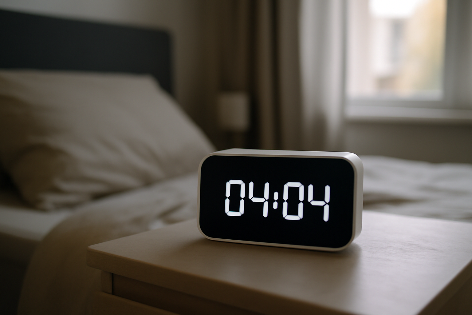 Horloge affichant 04h04 dans une chambre calme, lumière du matin