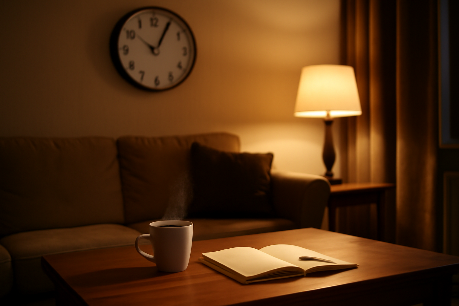 22h00 signification : horloge de fin de journée sur une table, lumière chaude