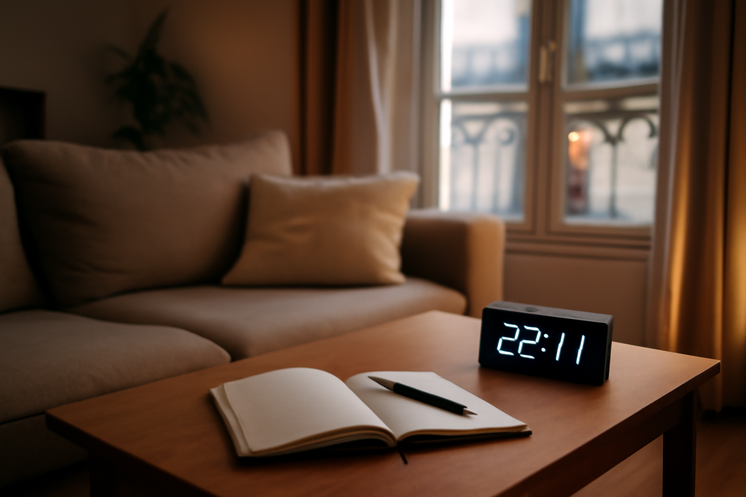 22h11 signification : horloge affichant 22:11 dans une pièce calme, lumière douce du soir