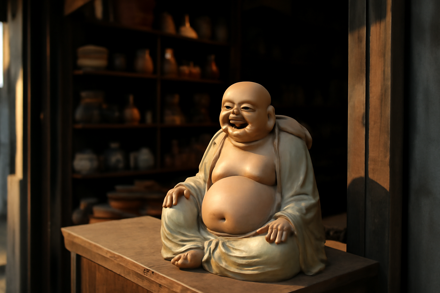 bouddha chinois souriant en boutique chinoise, figurine en céramique sur comptoir