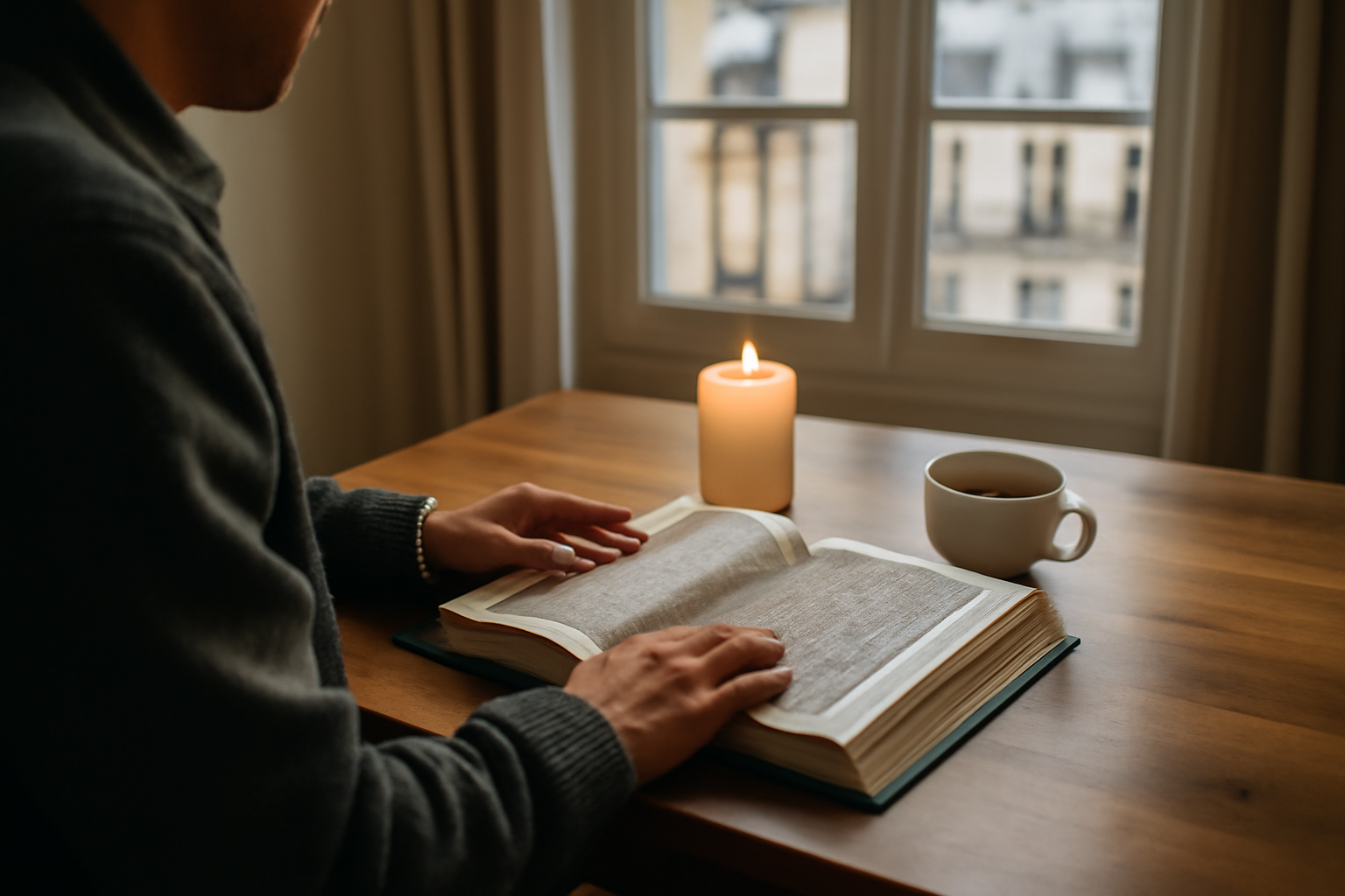 coran citation pour la paix intérieure, mains sur le Coran, lumière du matin