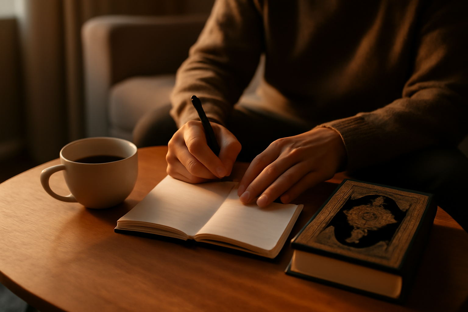 coran citation pour gratitude, carnet de notes et tasse de thé, lumière chaude