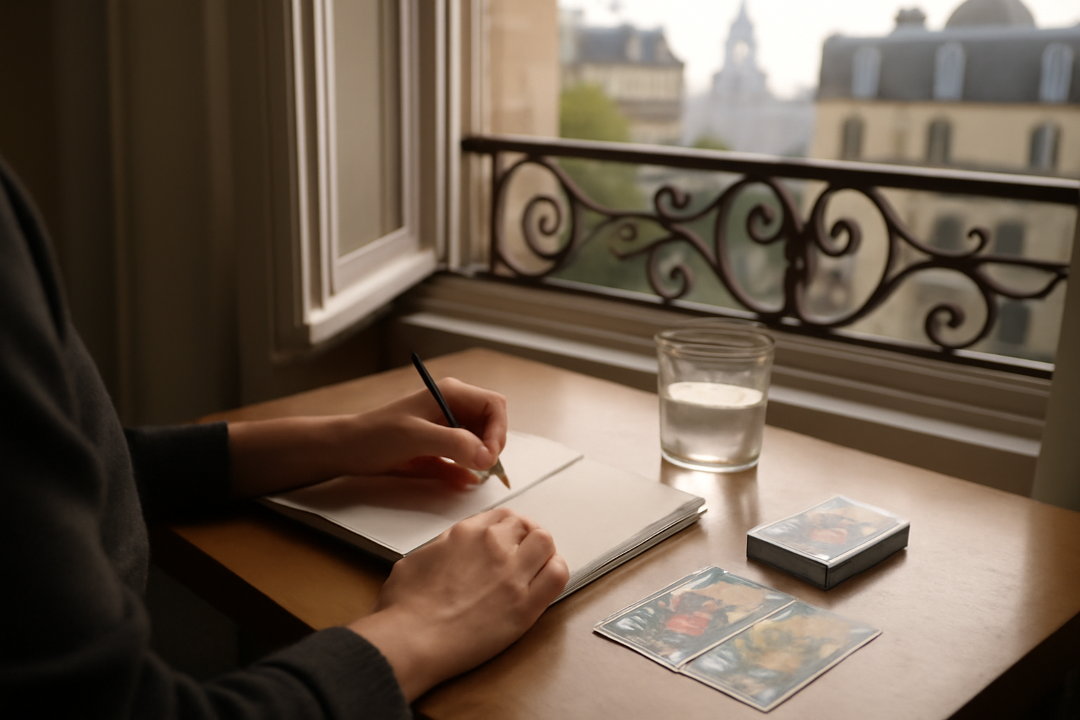 dette karmique : carte de tarot et carnet près d’une fenêtre en lumière du matin