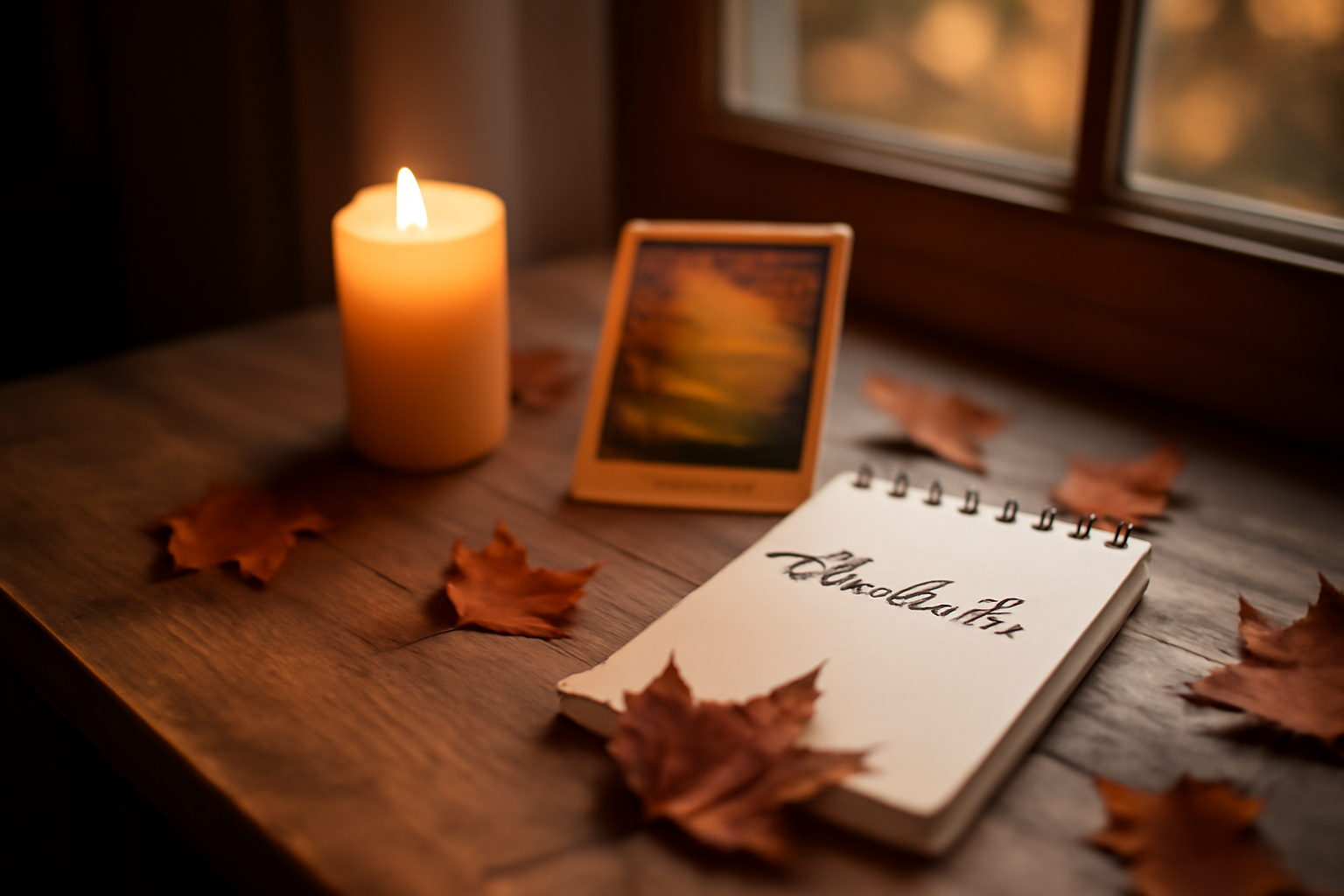 fete 17 novembre : bougie, carte et prénom Élisabeth sur une table en automne, lumière chaude