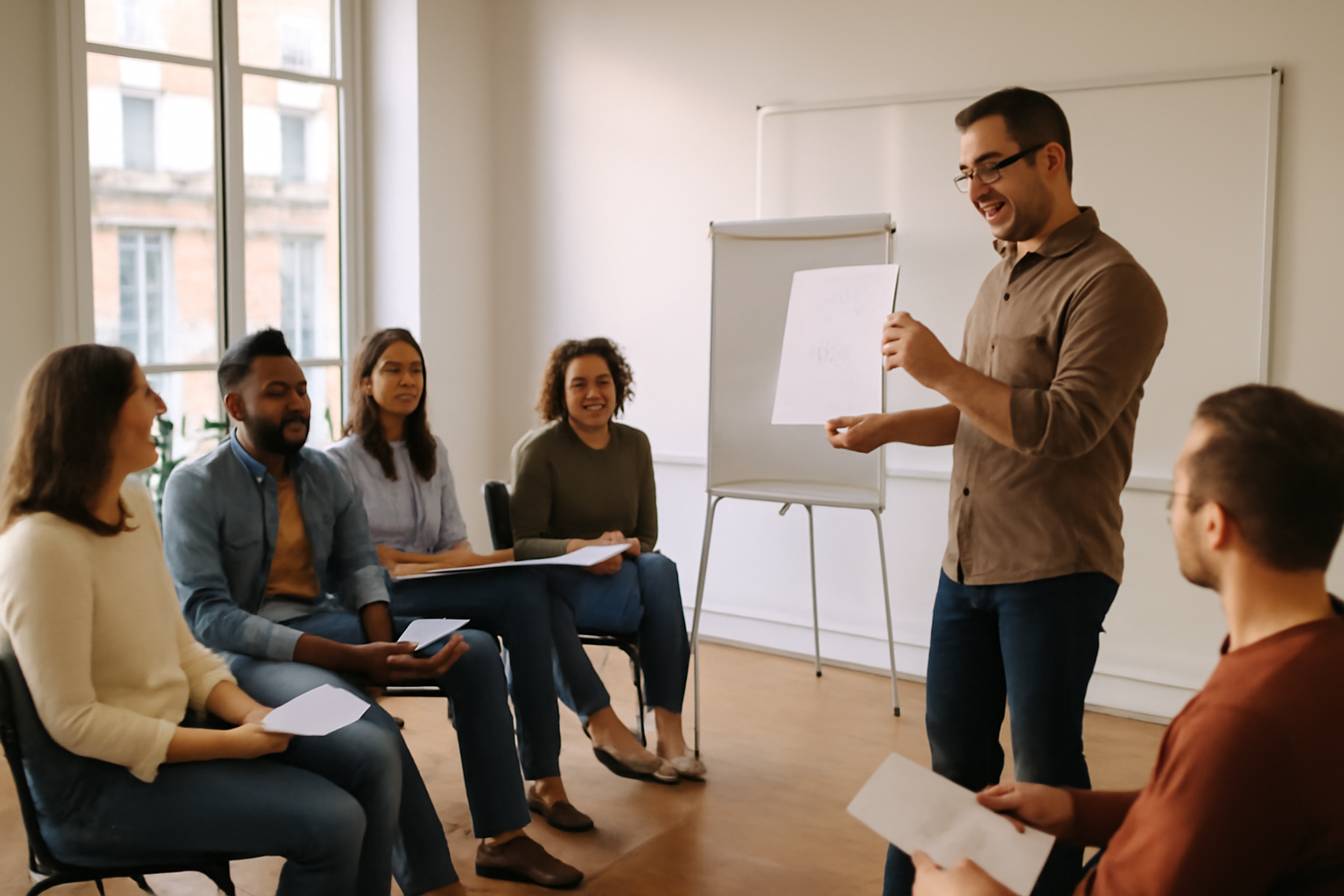 Formation confiance en soi : personne en atelier face à un formateur, salle lumineuse