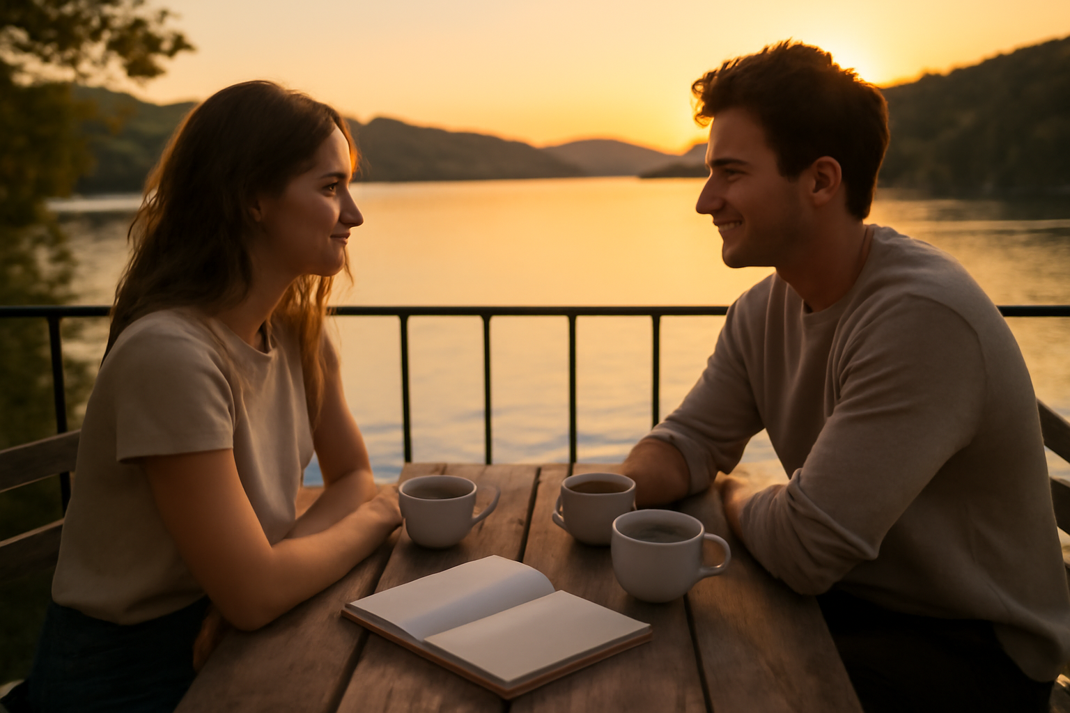 hommes poisson, couple en terrasse au coucher du soleil, ambiance douce et échanges sincères