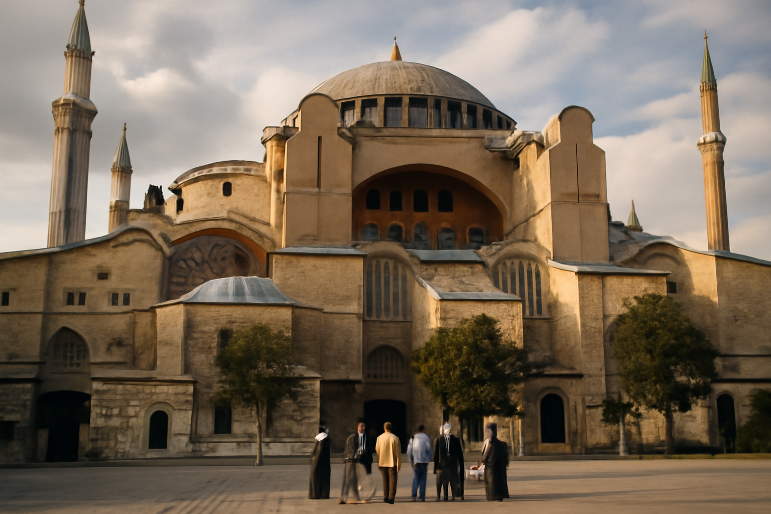 Masjid Hagia Sophia à Istanbul, façade de Sainte-Sophie et visiteurs à l’entrée, lumière de fin d’après-midi