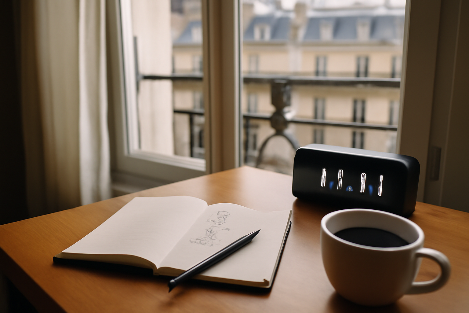 Nombre angélique 111 222 333 444 sur une horloge, lumière du matin, carnet ouvert
