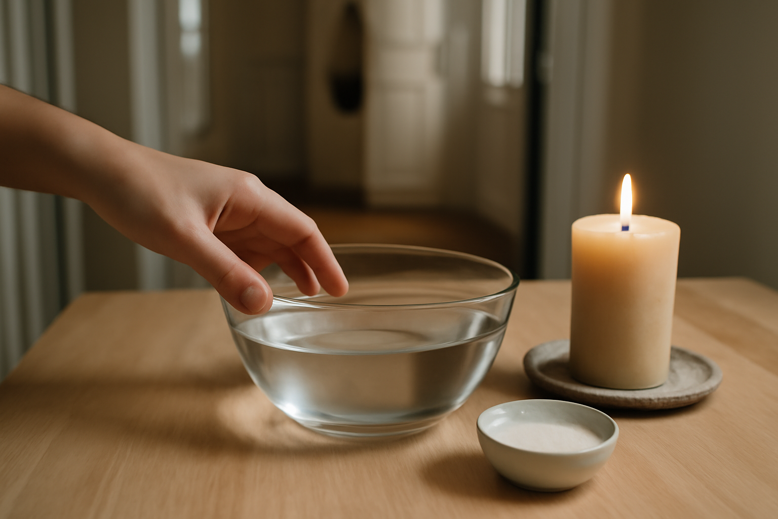 Purification énergétique chez soi : bol d’eau, sel et bougie dans une entrée lumineuse