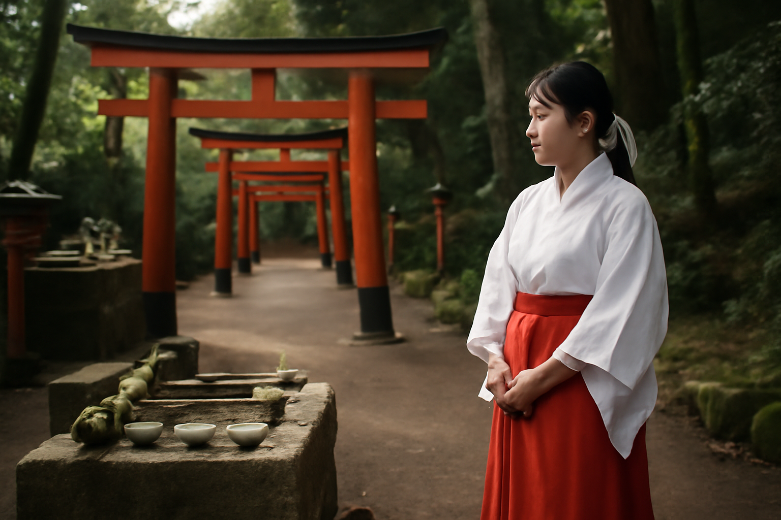 Religieuse japonaise devant un sanctuaire shinto avec torii et offrandes, lumière du matin