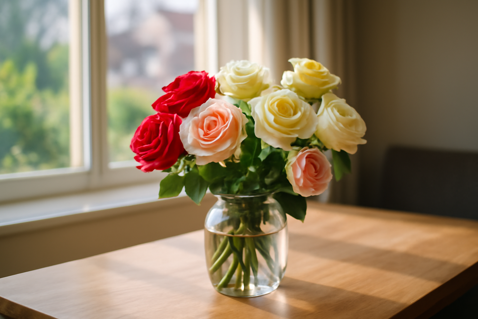 rose symbole en bouquet sur une table en bois, lumière naturelle, gros plan sur des pétales rouges et roses