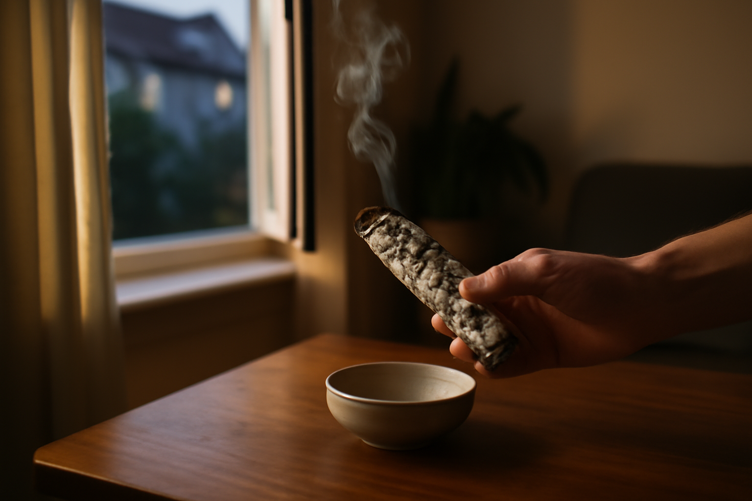 sauge à bruler et support en céramique sur une table, lumière chaude, scène photo réaliste