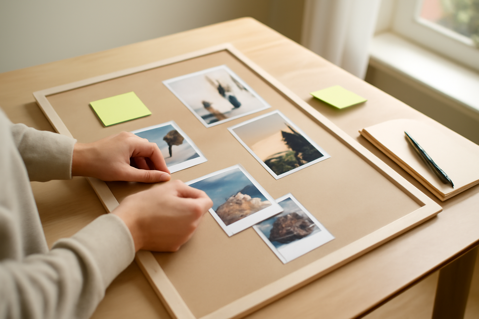 tableau de visualisation papier avec images et affirmations sur un bureau en lumière naturelle
