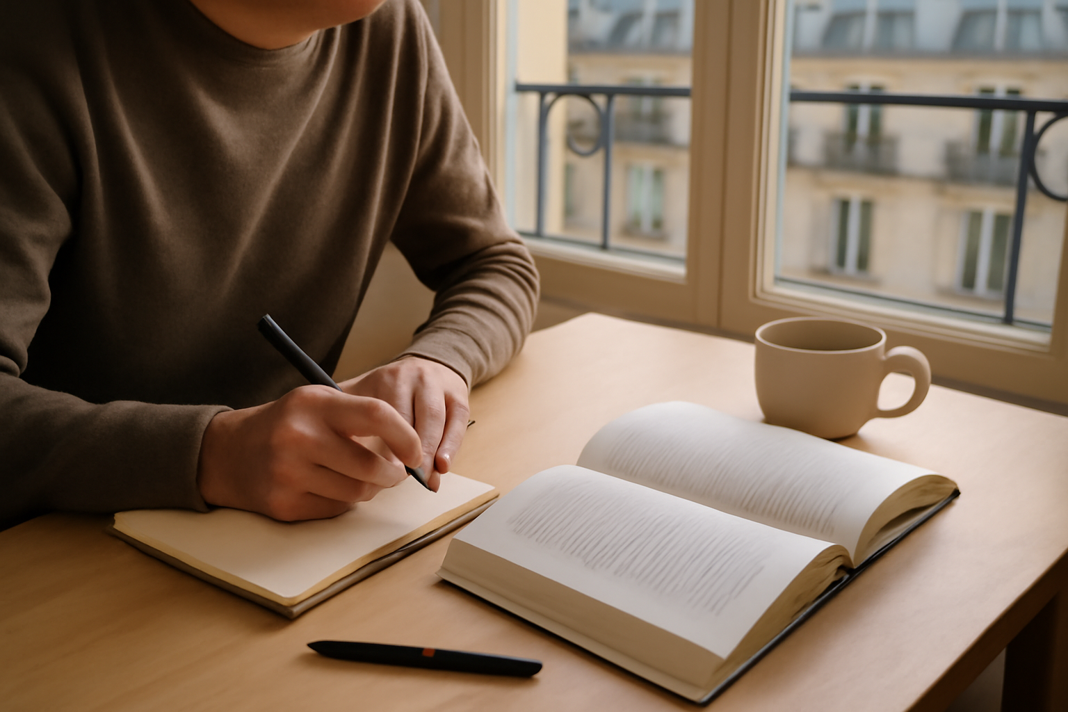 Tal Ben-Shahar, livre et carnet de travail dans un espace de lecture lumineux