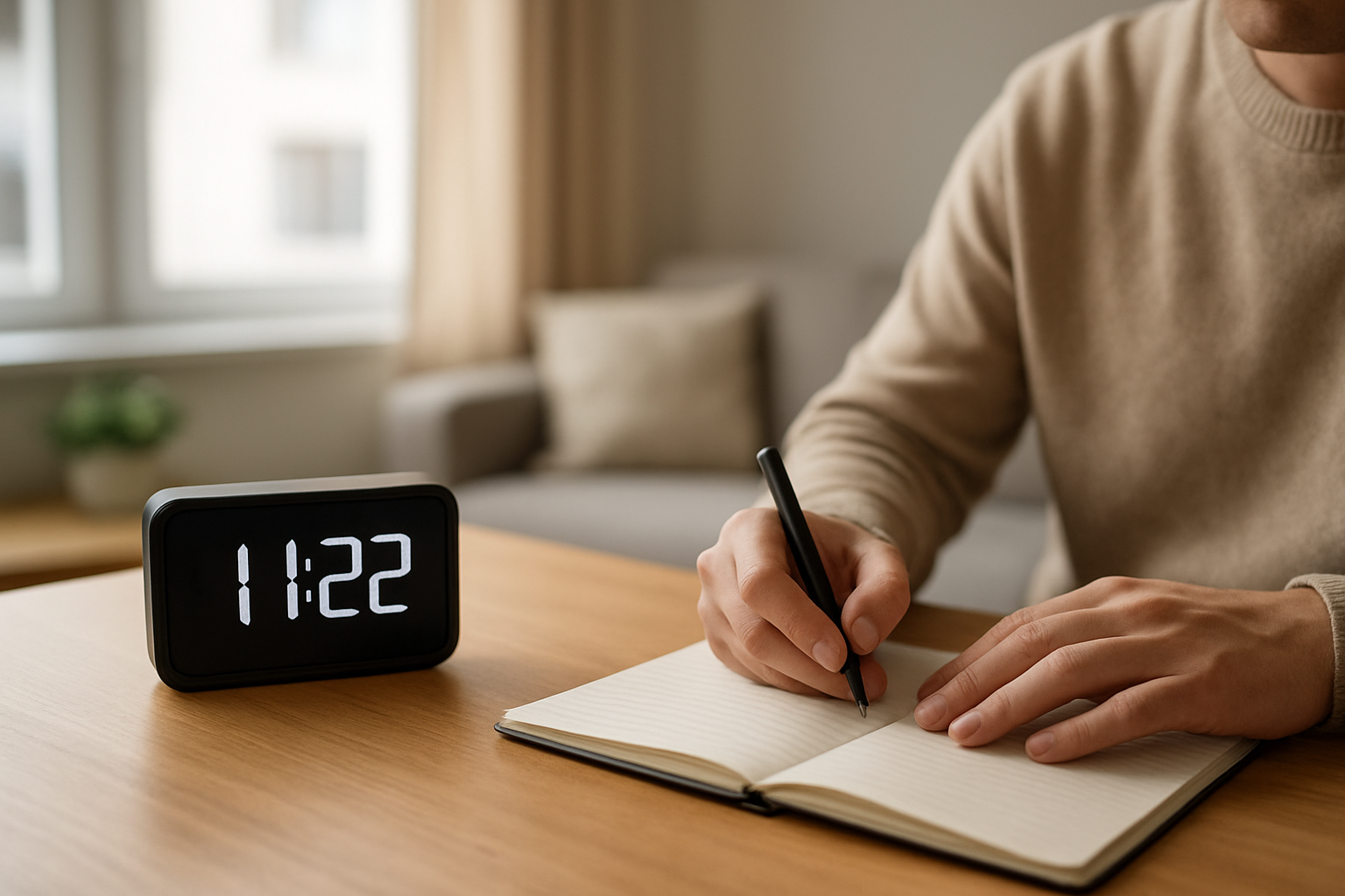 Horloge digitale affichant 11h22 dans une pièce lumineuse, carnet ouvert et stylo sur une table, ambiance calme