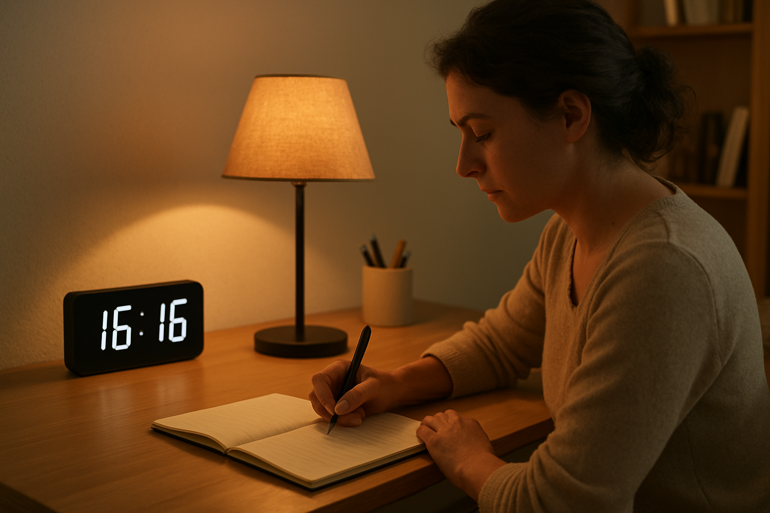 Horloge numérique affichant 16:16 dans un bureau calme, lumière du soir douce, carnet et stylo sur la table