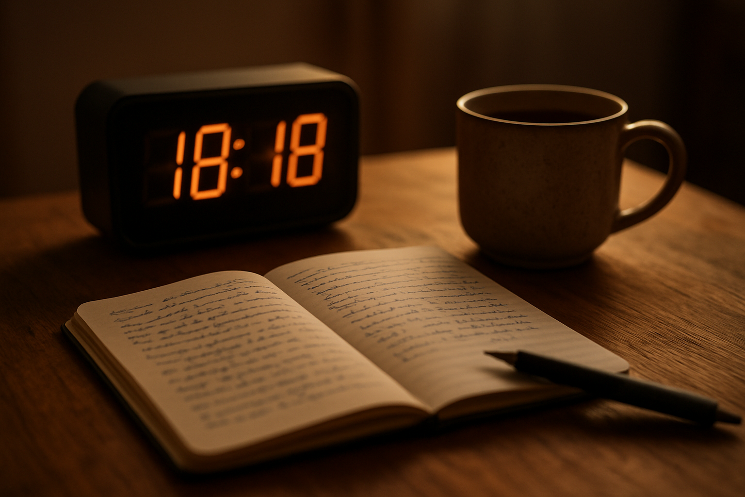 Horloge numérique affichant 18:18 dans une pièce calme le soir, lumière chaude et carnet de notes ouvert sur une table