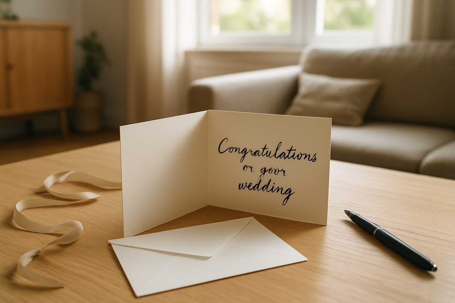 Carte de félicitations de mariage française posée sur une table, avec enveloppe et stylo, lumière naturelle