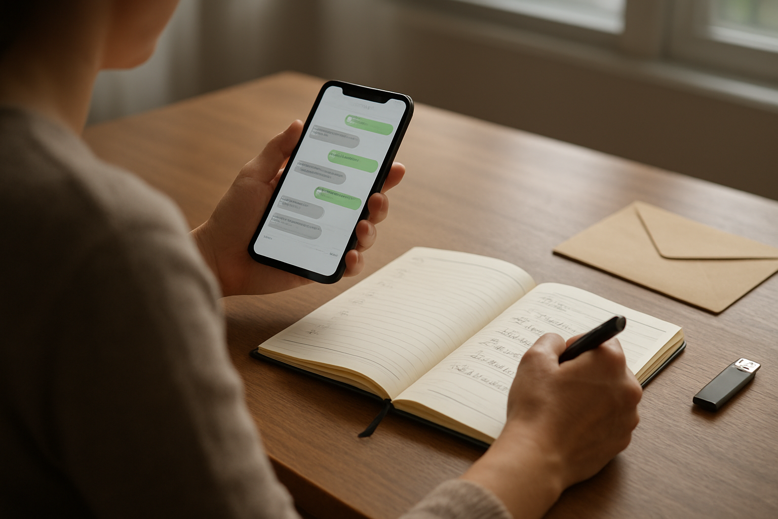 Personne consultant des messages sur un téléphone tout en écrivant un journal daté dans un carnet, lumière naturelle, bureau à domicile